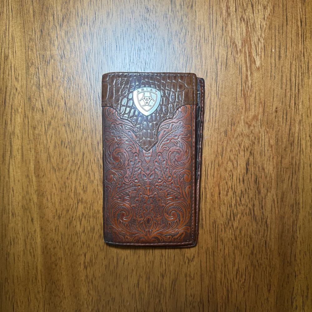 Ariat Mens Brown Leather Rodeo Wallet Tooled Croc Western Cowboy Bifold